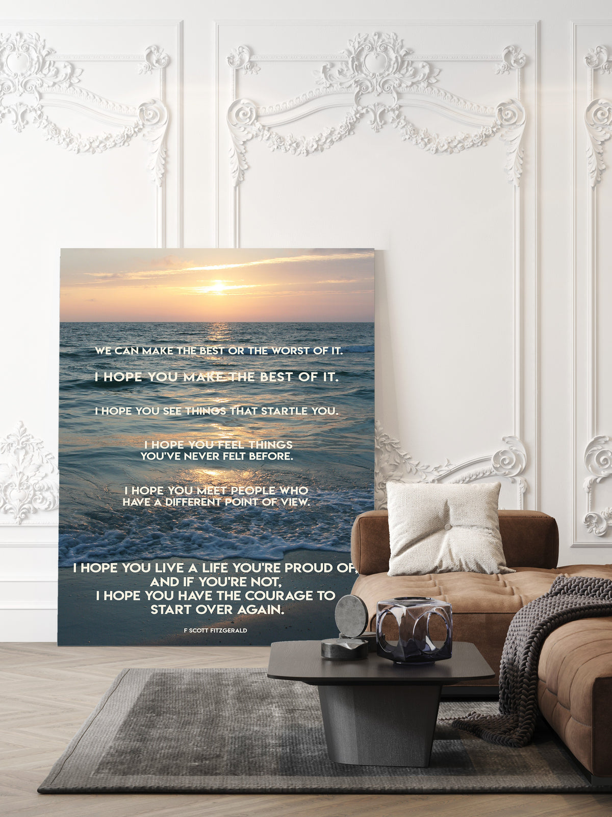 Make the best of it quote over a photograph of a sunset over the sea at Clearwater Beach, Florida, shown unframed in a living room