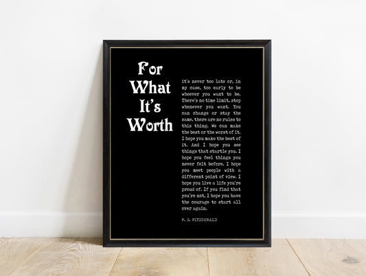 F Scott Fitzgerald for what it's worth magazine style quote print in a black frame, black background
