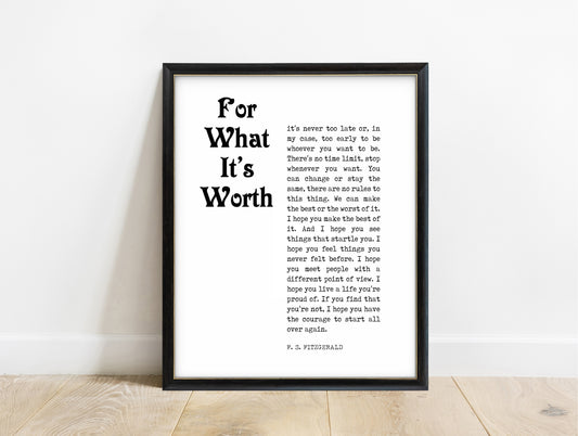 F Scott Fitzgerald for what it's worth magazine style quote print in a black frame, white background