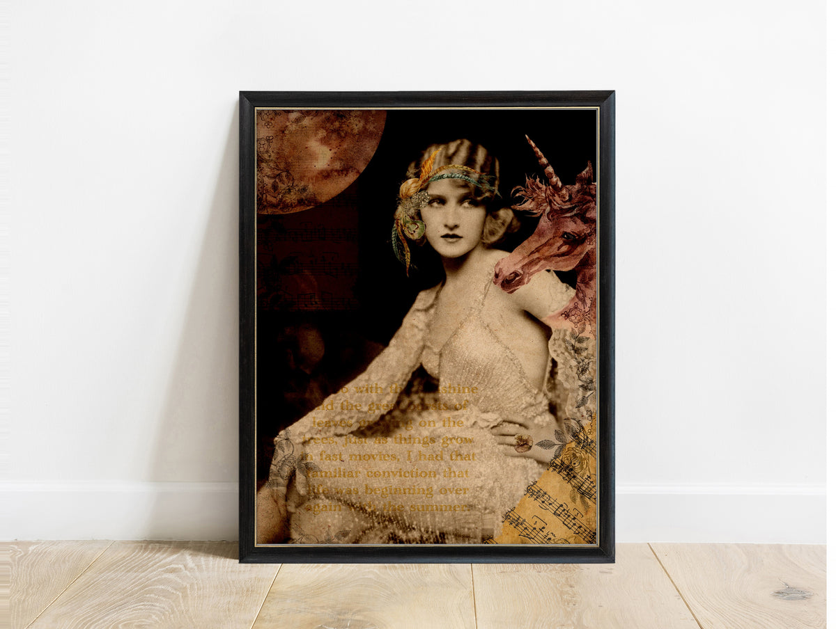 Great Gatsby life was beginning over again quote in a 1920s vintage collage with a flapper, moon and unicorn, in a black frame