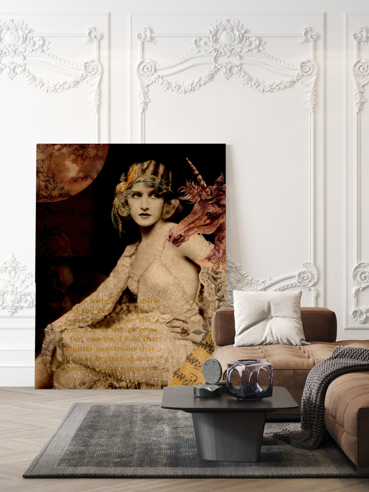 Great Gatsby life was beginning over again quote in a 1920s vintage collage with a flapper, moon and unicorn, shown unframed in a living room
