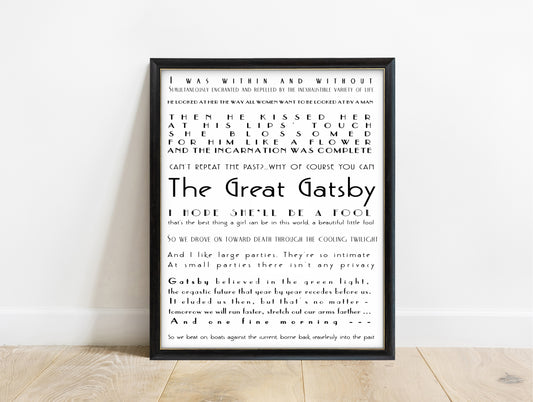 The Great Gatsby quotes poster art deco print, white background, black frame