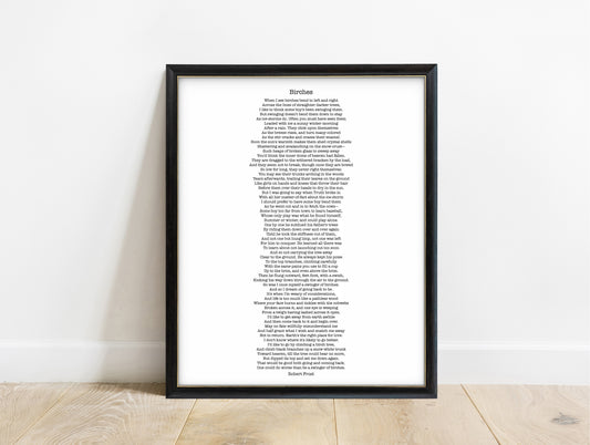 Robert Frost Birches full poem print in a black frame, white background