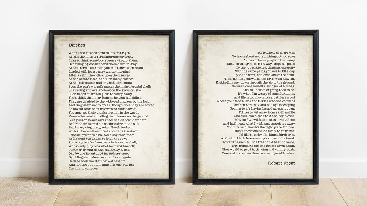 Robert Frost Birches poem as a set of two prints in black frames, vintage background