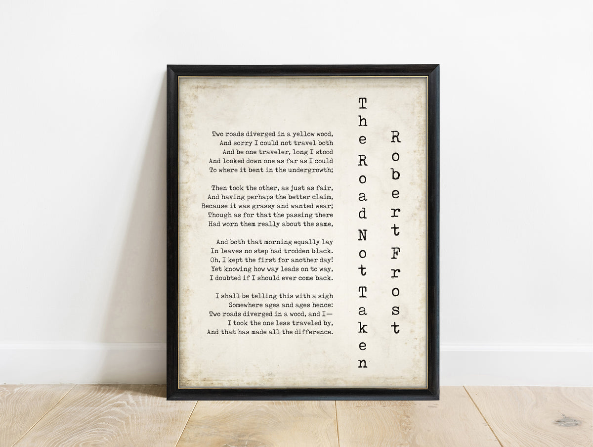 Robert Frost The Road Not Taken print with vertical title in a black frame, vintage background