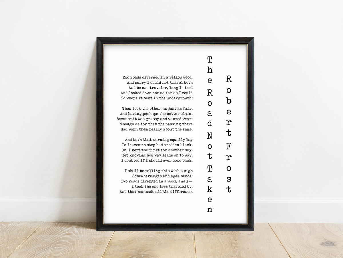 Robert Frost The Road Not Taken print with vertical title in a black frame, white background