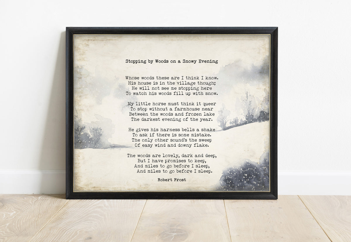Robert Frost Stopping by Woods on a Snowy Evening landscape watercolour print in a black frame, vintage background