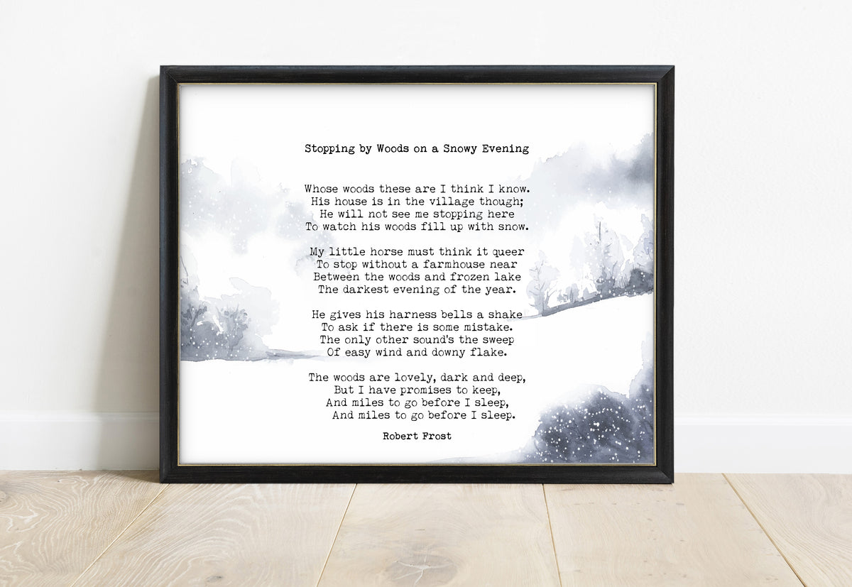 Robert Frost Stopping by Woods on a Snowy Evening landscape watercolour print in a black frame, white background
