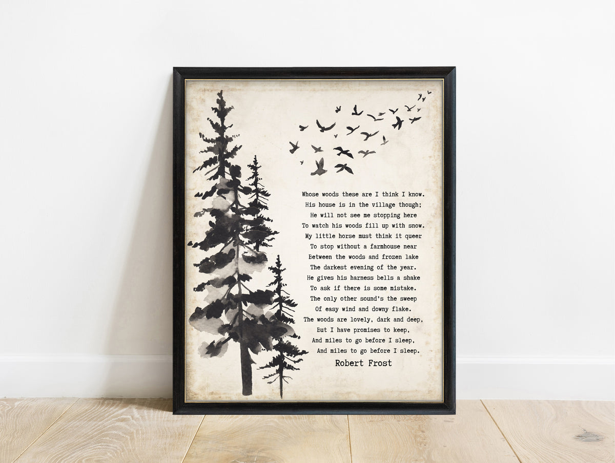 Robert Frost Stopping by Woods poem print with pine trees and birds in a black frame, vintage background