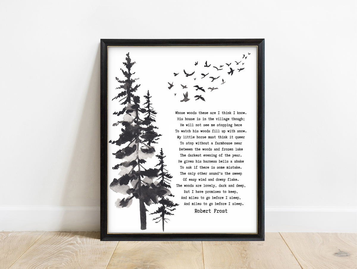 Robert Frost Stopping by Woods poem print with pine trees and birds in a black frame, white background