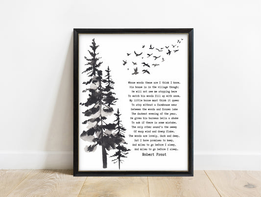 Robert Frost Stopping by Woods poem print with pine trees and birds in a black frame, white background