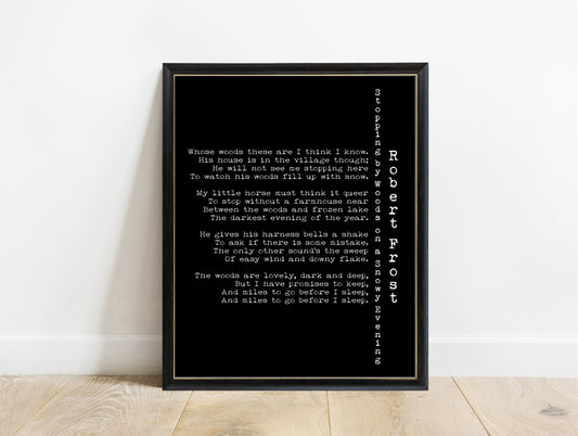 Robert Frost Stopping by Woods on a Snowy Evening print with vertical title in a black frame, black background