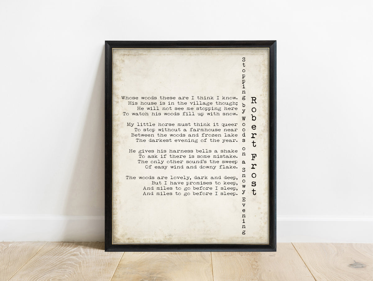 Robert Frost Stopping by Woods on a Snowy Evening print with vertical title in a black frame, vintage background