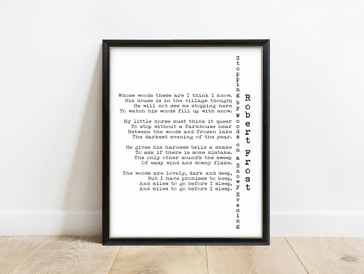 Robert Frost Stopping by Woods on a Snowy Evening print with vertical title in a black frame, white background
