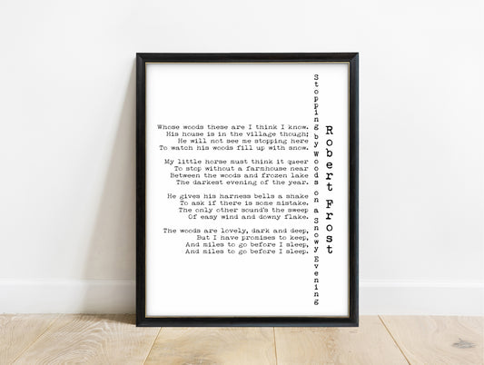 Robert Frost Stopping by Woods on a Snowy Evening print with vertical title in a black frame, white background