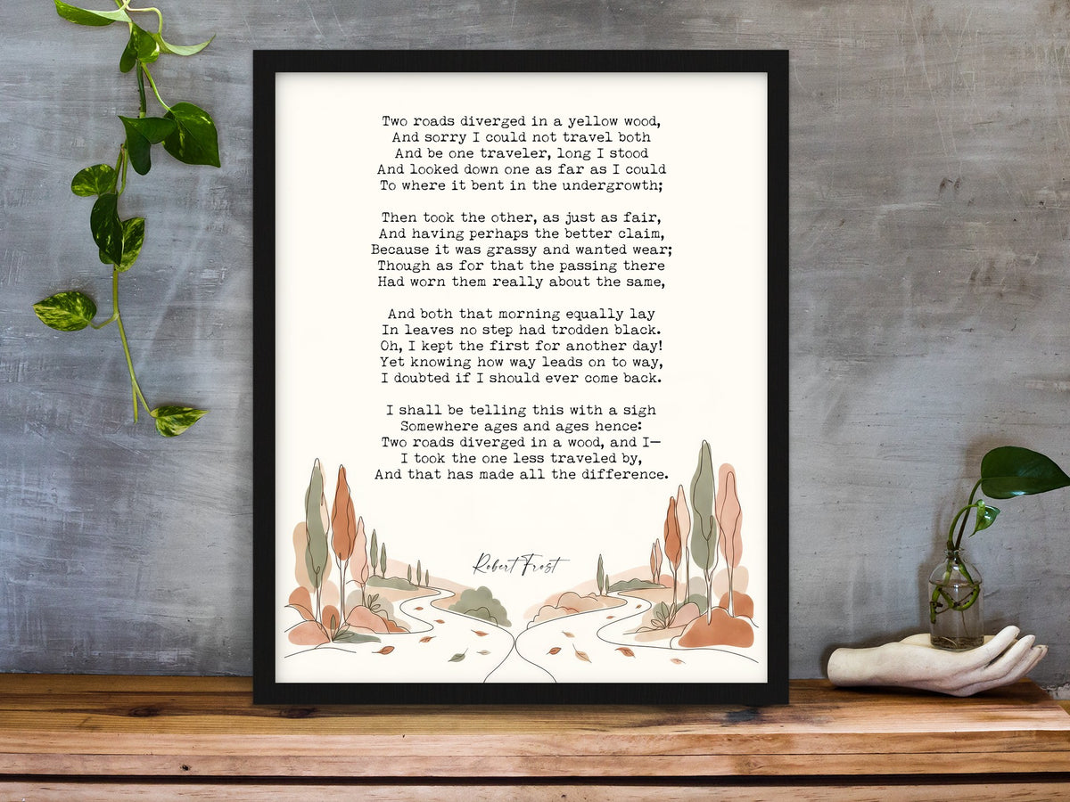 Robert Frost The Road Not Taken full poem print with an illustrated autumn landscape of two paths framed on a desk