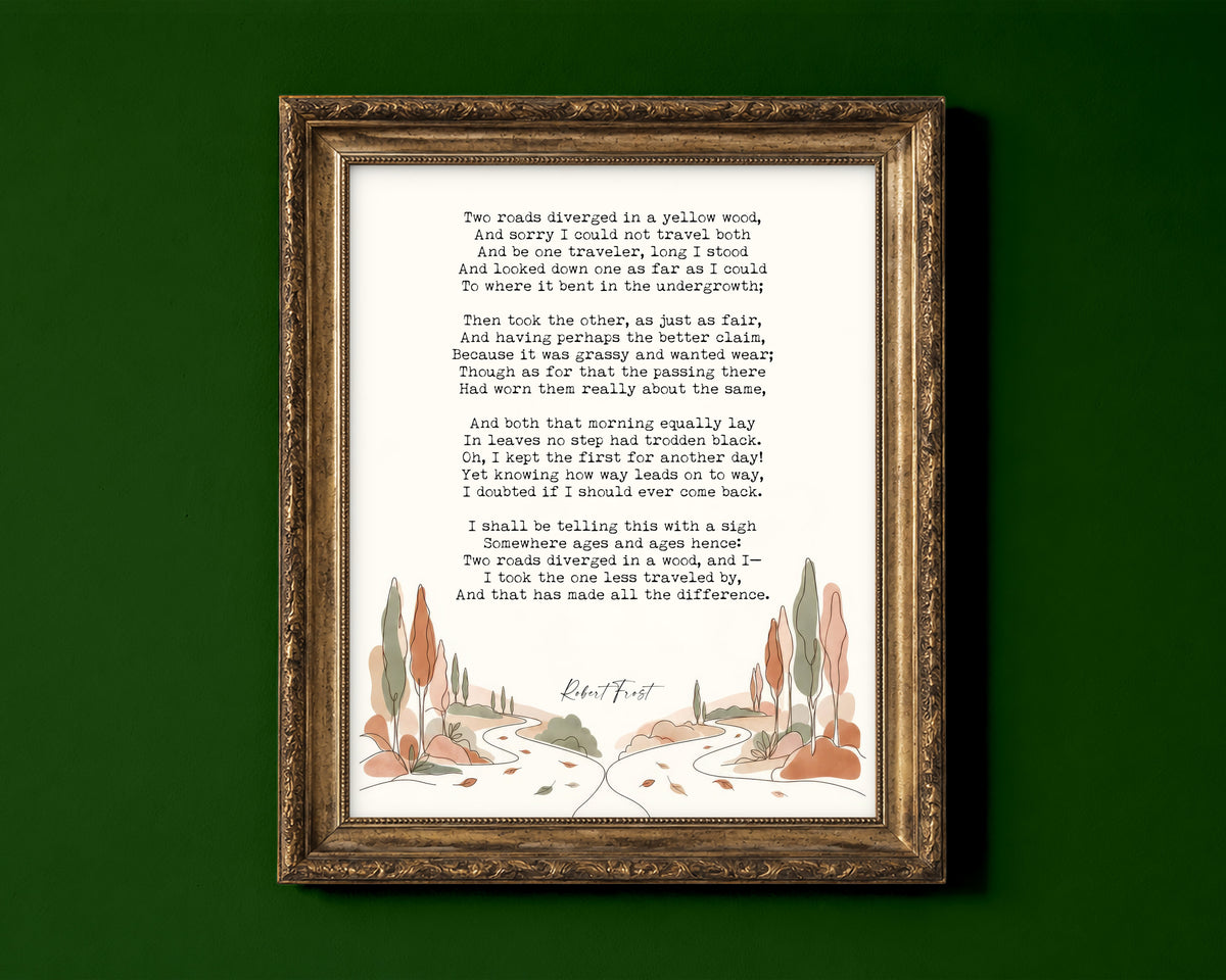 Robert Frost The Road Not Taken full poem print with an illustrated autumn landscape of two paths shown in a gold frame for display only; framed prints are sent in a black frame