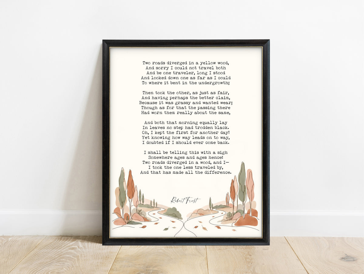 Robert Frost The Road Not Taken full poem print with an illustrated autumn landscape of two paths in a black frame