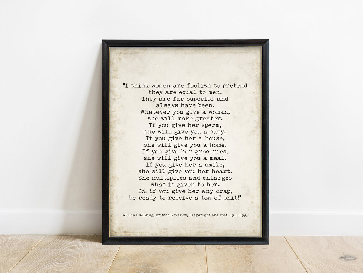William Golding women are far superior full passage typewriter print in a black frame, vintage background