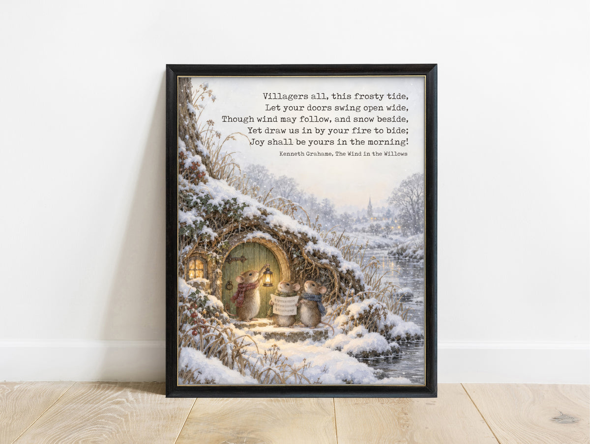 Field mice singing carols with a lantern at Mole End in the snow, Wind in the Willows Villagers All Christmas carol watercolour print in a black frame