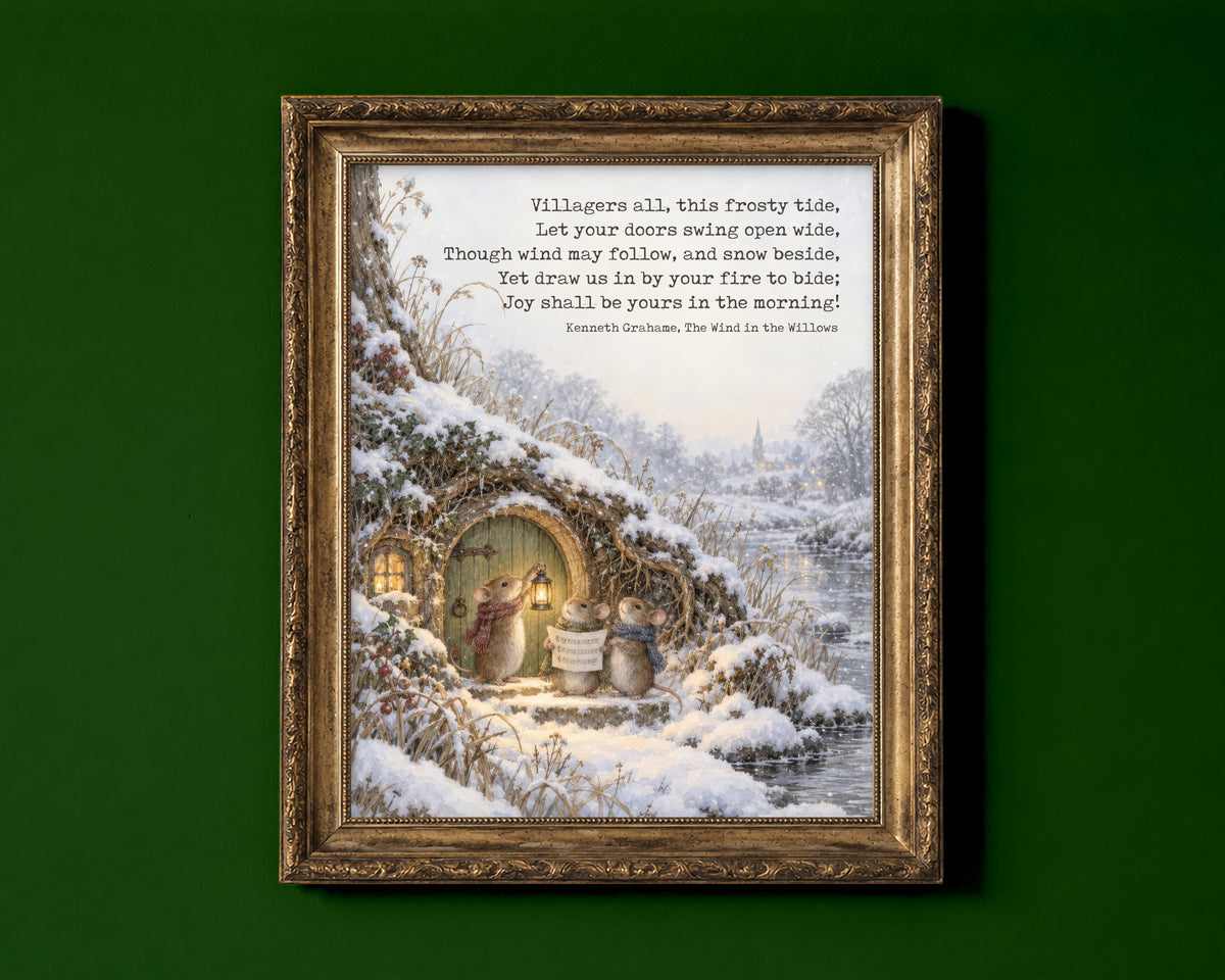 Field mice singing carols with a lantern at Mole End in the snow, Wind in the Willows Villagers All Christmas carol watercolour print shown in a gold frame for display only; framed prints are sent in a black frame