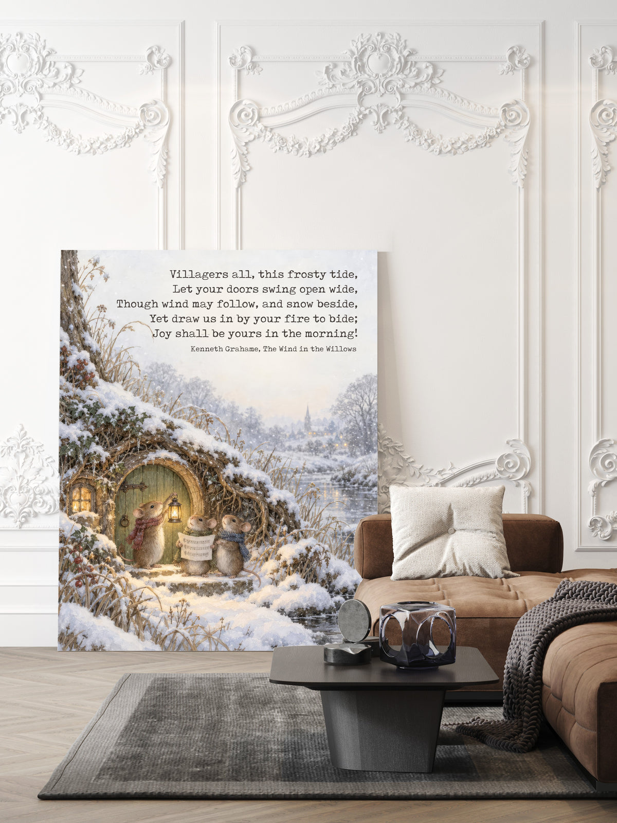 Field mice singing carols with a lantern at Mole End in the snow, Wind in the Willows Villagers All Christmas carol watercolour print shown unframed in a living room