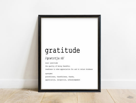 Gratitude dictionary definition typewriter print in a black frame, white background