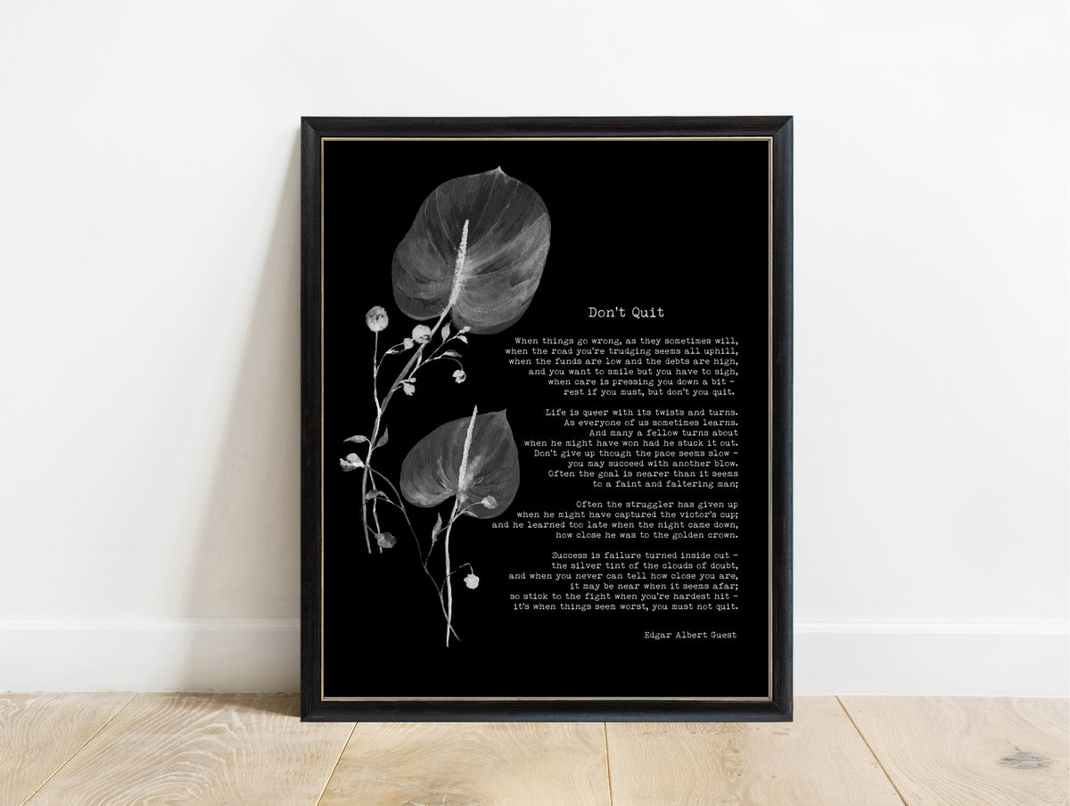 Edgar Guest Don't Quit poem print with watercolour leaves in a black frame, black background