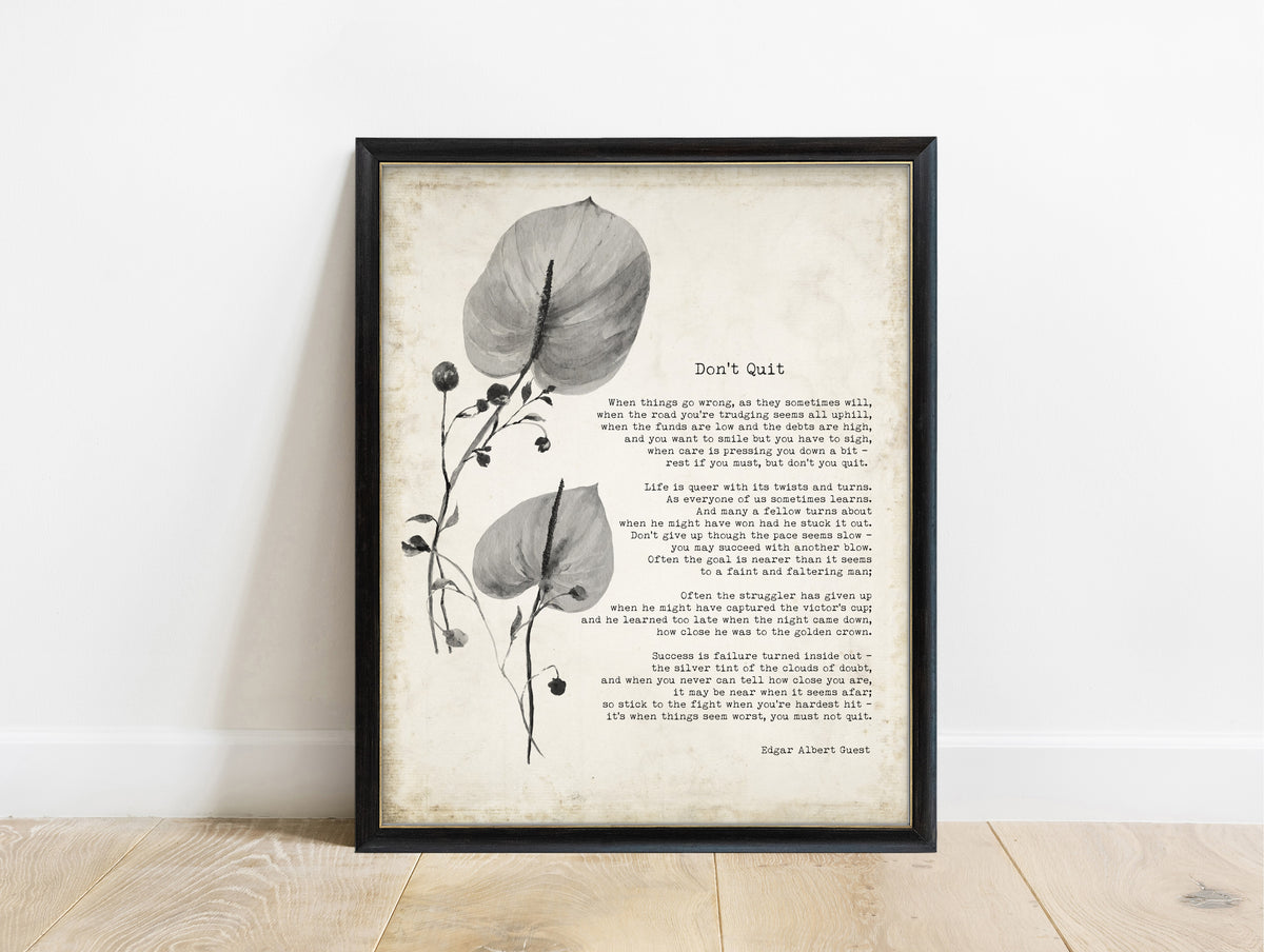 Edgar Guest Don't Quit poem print with watercolour leaves in a black frame, vintage background