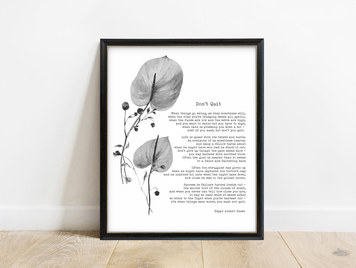 Edgar Guest Don't Quit poem print with watercolour leaves in a black frame, white background