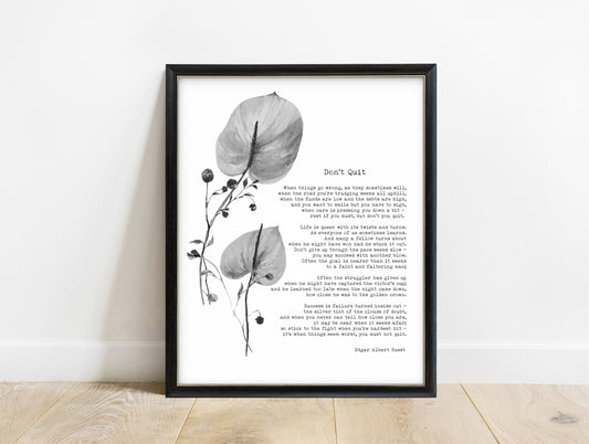 Edgar Guest Don't Quit poem print with watercolour leaves in a black frame, white background