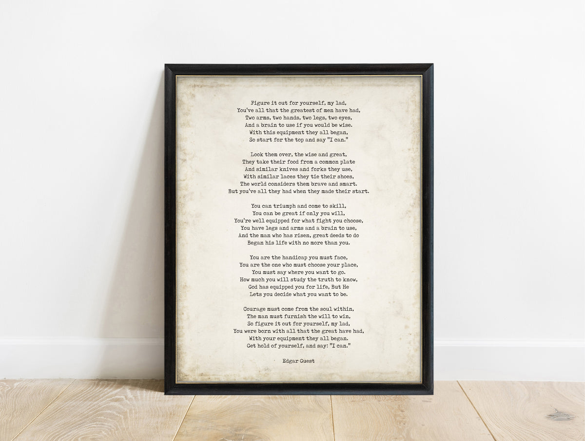 Edgar Guest Equipment poem print in a black frame, vintage background