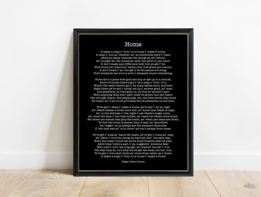 Edgar Guest Home poem print in a black frame, black background