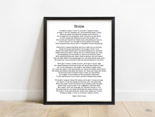 Edgar Guest Home poem print in a black frame, white background