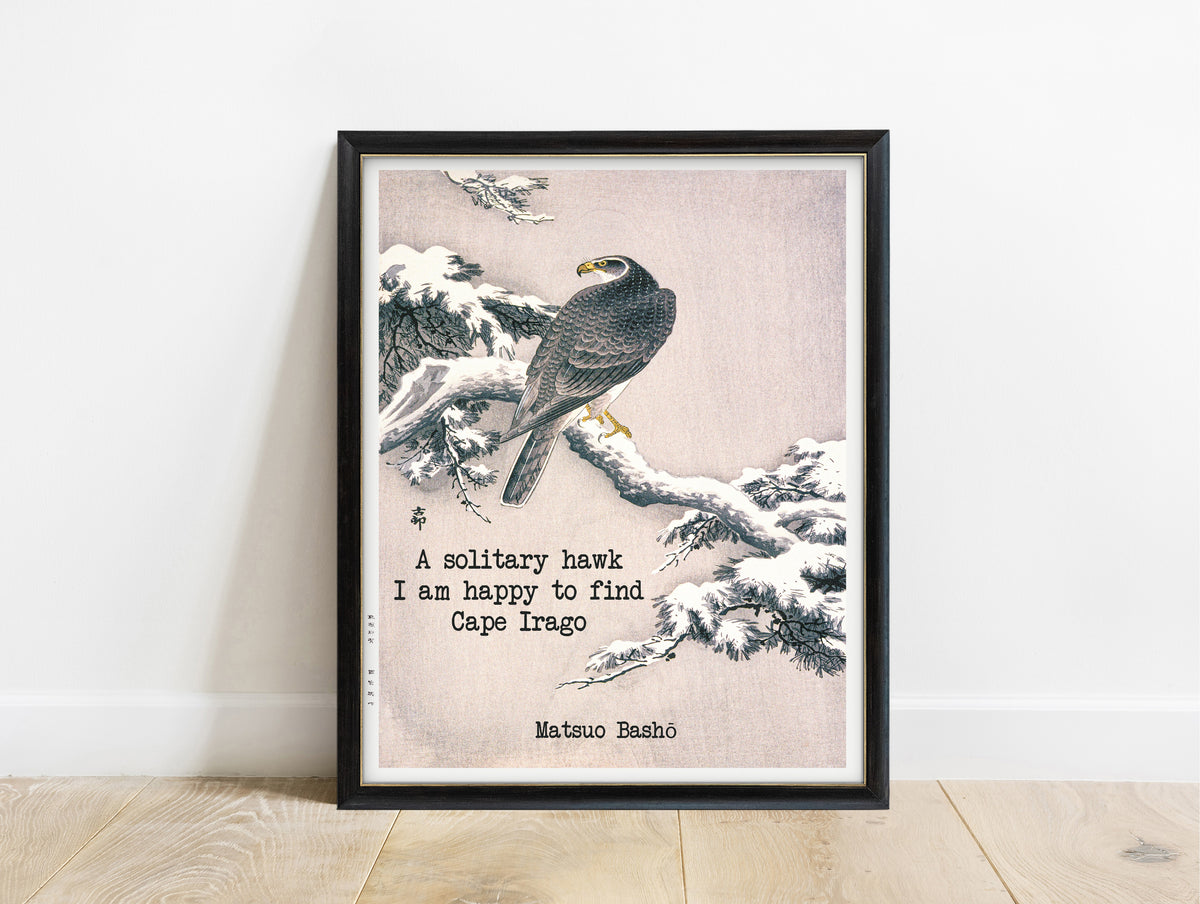 Matsuo Bashō solitary hawk haiku print with Ohara Koson goshawk woodblock, in a black frame