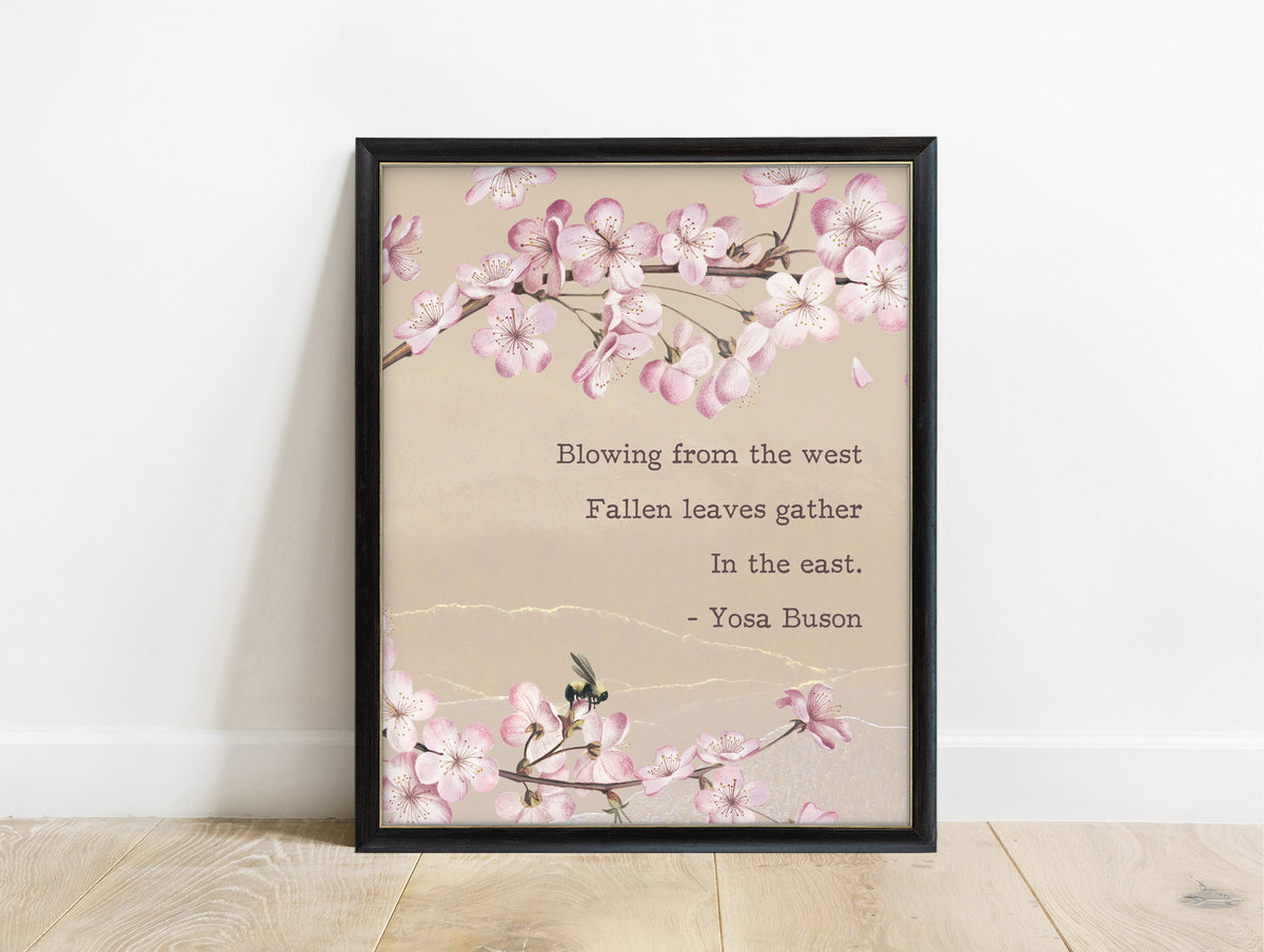 Yosa Buson blowing from the west haiku print with pink cherry blossom, in a black frame
