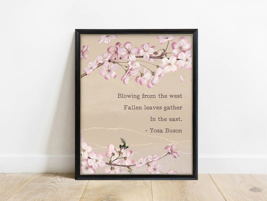Yosa Buson blowing from the west haiku print with pink cherry blossom, in a black frame