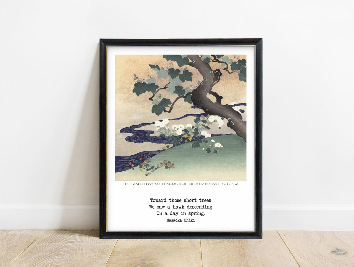 Masaoka Shiki hawk descending haiku print with Tsukioka Kōgyo Tree and Chrysanthemums, in a black frame