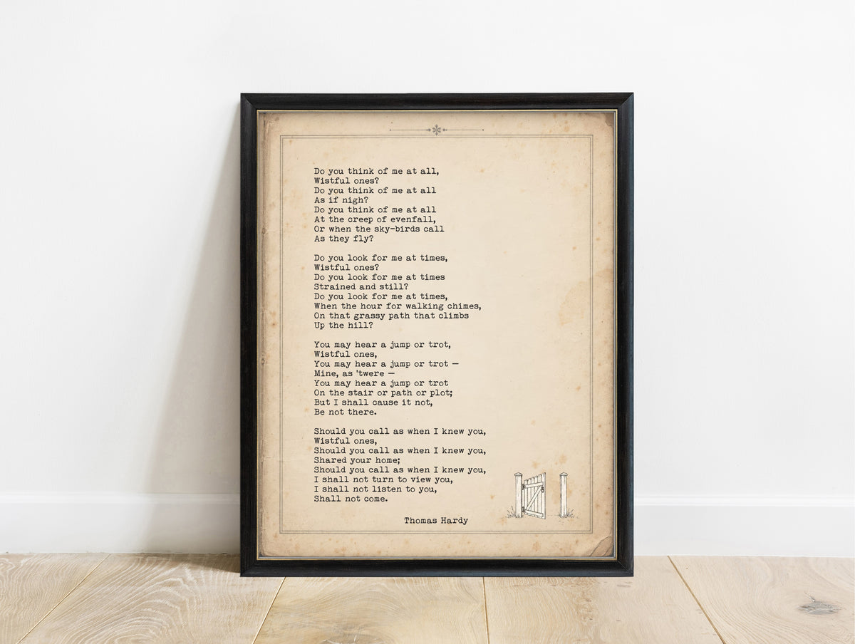 Thomas Hardy Dead Wessex the Dog to the Household poem print on a vintage page with a small open garden gate, in a black frame