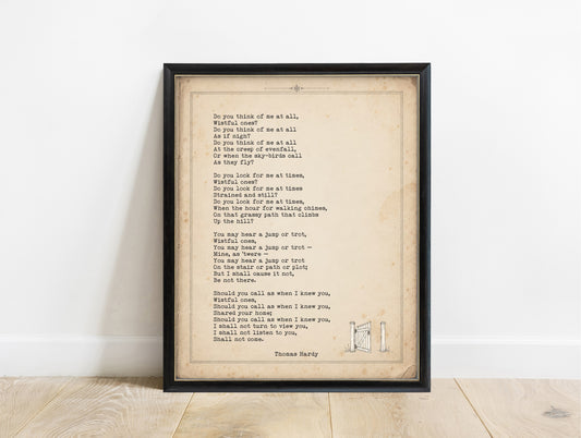 Thomas Hardy Dead Wessex the Dog to the Household poem print on a vintage page with a small open garden gate, in a black frame