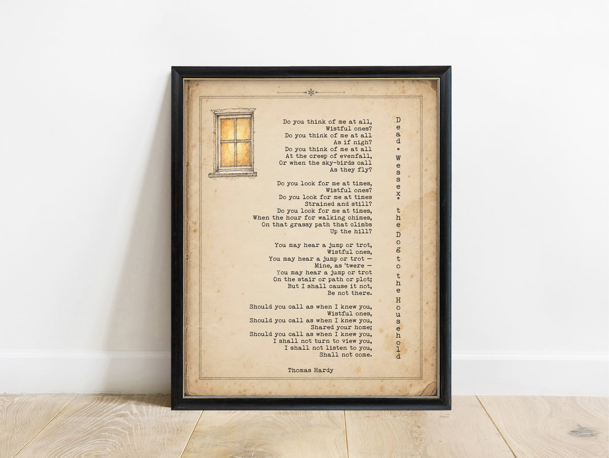 Thomas Hardy Dead Wessex the Dog to the Household poem print on a vintage page with a small lit window, in a black frame