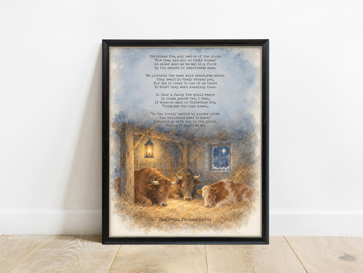 The Oxen full poem by Thomas Hardy above a watercolour candlelit barn with cattle in the straw on Christmas Eve, Christmas poem print in a black frame