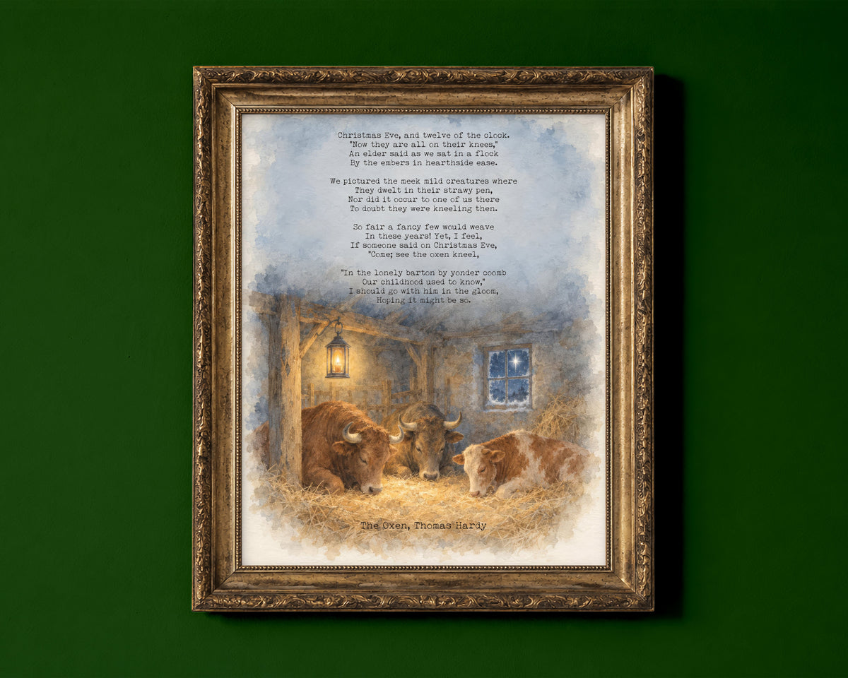The Oxen full poem by Thomas Hardy above a watercolour candlelit barn with cattle in the straw on Christmas Eve, Christmas poem print shown in a gold frame for display only; framed prints are sent in a black frame