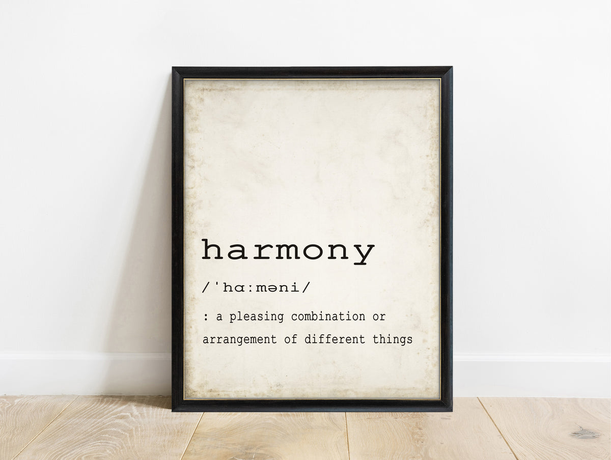 Harmony definition dictionary print in a black frame, vintage background