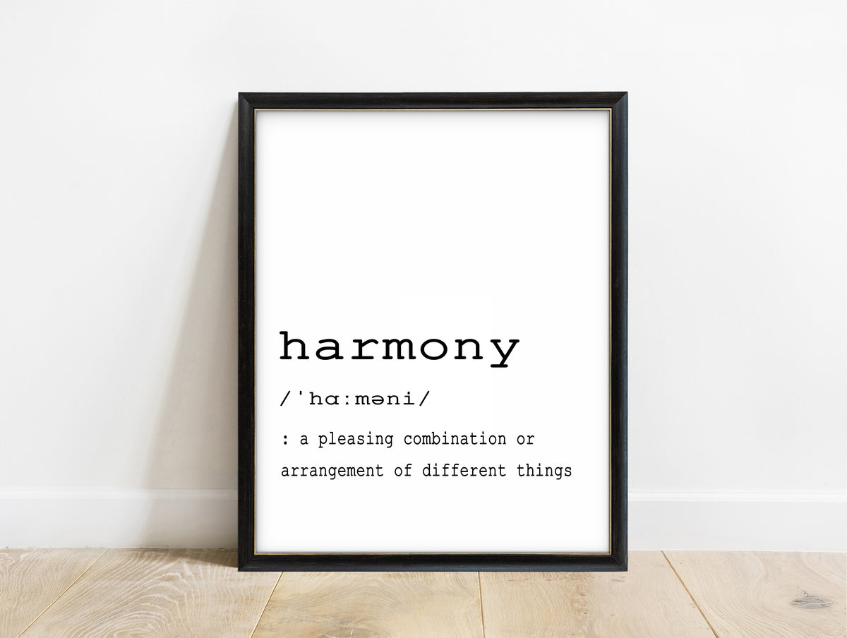 Harmony definition dictionary print in a black frame, white background