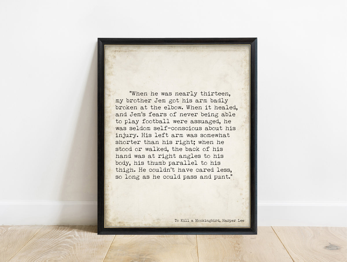 To Kill a Mockingbird opening lines typewriter print, Harper Lee in a black frame, vintage background
