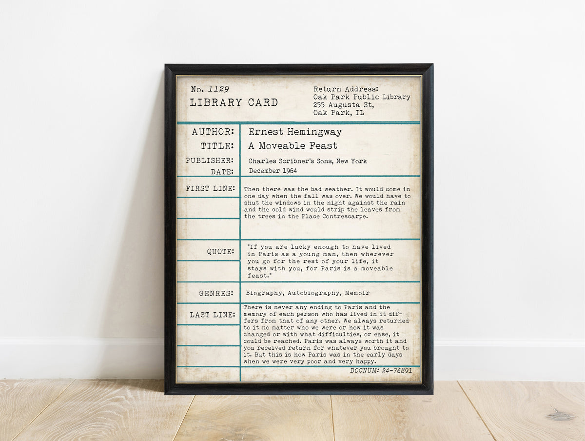Ernest Hemingway A Moveable Feast vintage library card print with first line, quote and last line, in a black frame