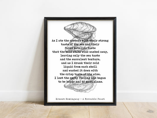 Ernest Hemingway A Moveable Feast oysters full passage print with oyster shell illustrations in a black frame, white background