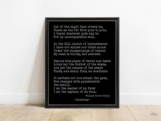 Invictus William Ernest Henley full poem typewriter print in a black frame, black background