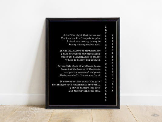 William Ernest Henley Invictus vertical title poem print in a black frame, black background